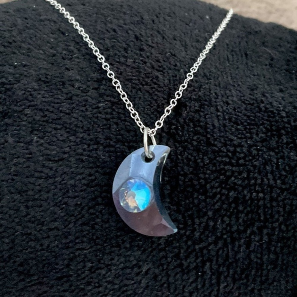 Celestial Crescent Moon Swarovski Crystal and Rhinestone Pendant Necklace S925